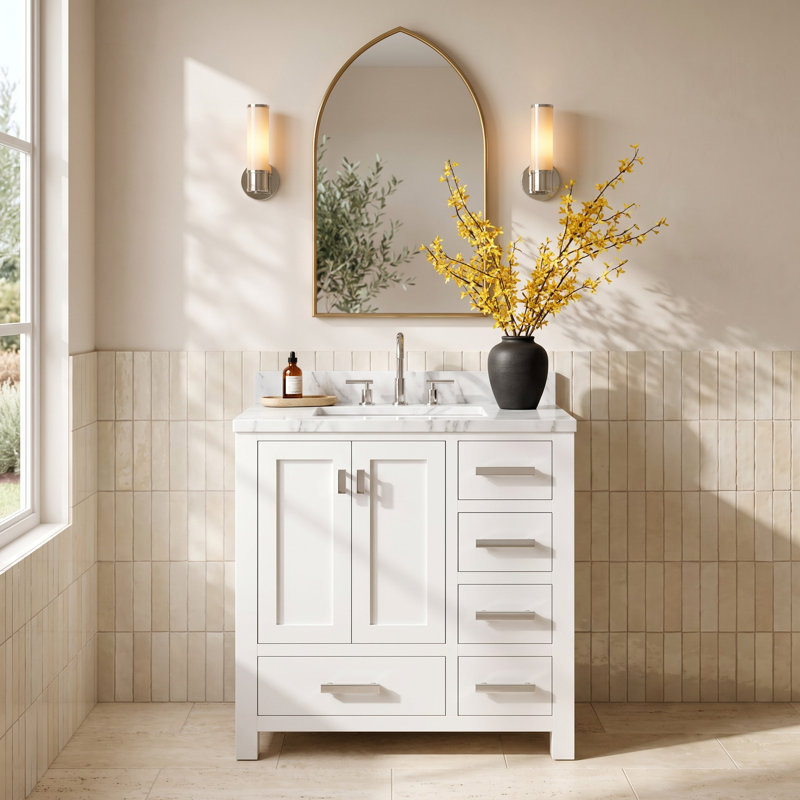 Steve 36'' Single Bathroom Vanity with Marble Top, Pure White