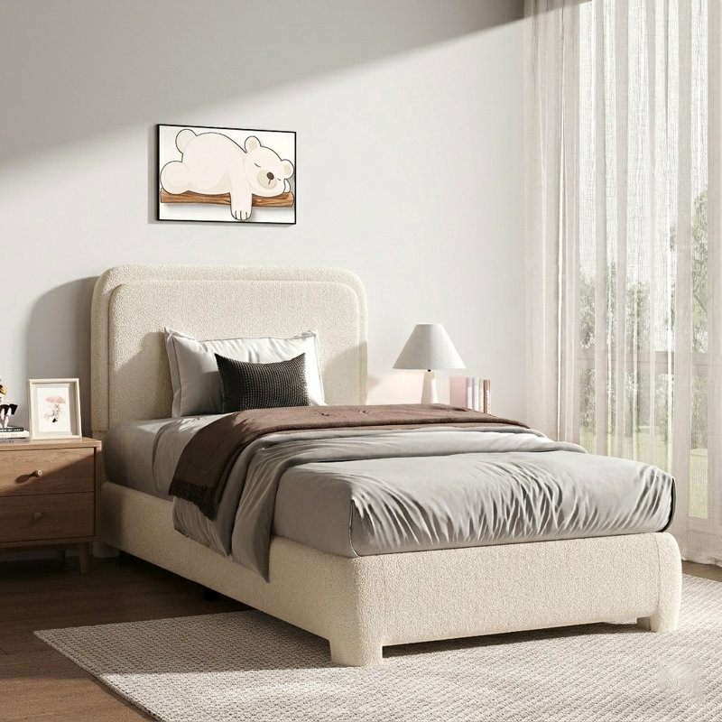 Lit plateforme tapissier Bensu Boucle, Lit simple, Crème