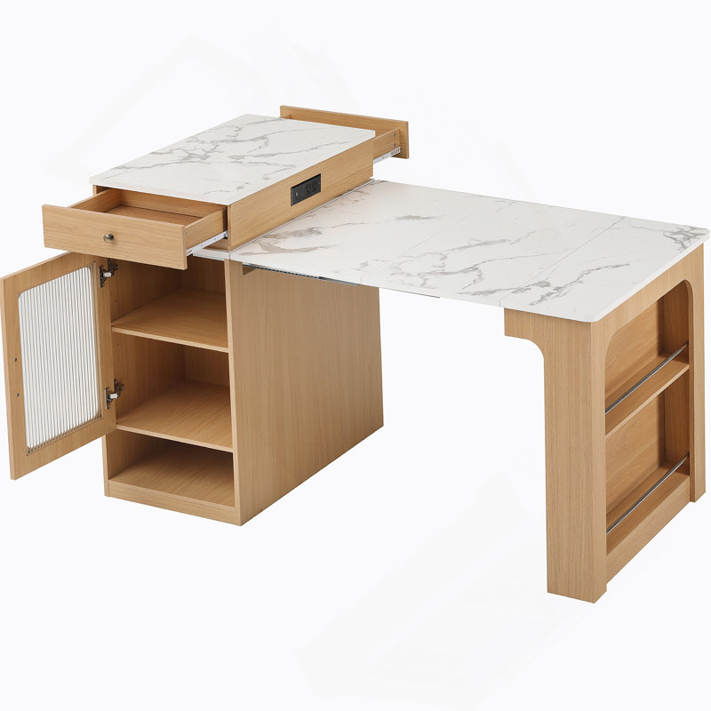 Îlot de cuisine 59,5 po avec table de salle à manger extensible, table de rangement de cuisine avec rangement double-face, îlot de cuisine avec 2 tiroirs, prise de courant, tablettes latérales ouvertes, pour la cuisine, la salle à manger, naturel
