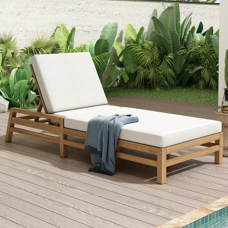 Chaise longue d'extérieur avec coussins, Teck clair
