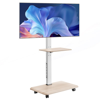Meuble télé à roulettes, chariot de télé mobile pour écrans de 32 à 70 pouces, rotation de 25 ° de gauche à droite et support de télé à hauteur réglable avec plateau