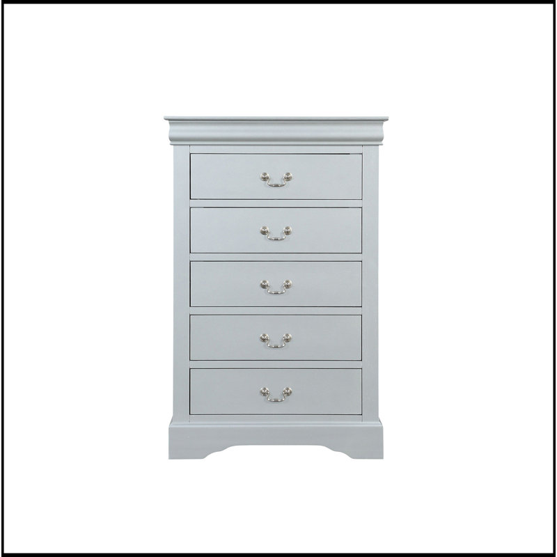 Commode 5 tiroirs avec poignées en métal, Argent argent