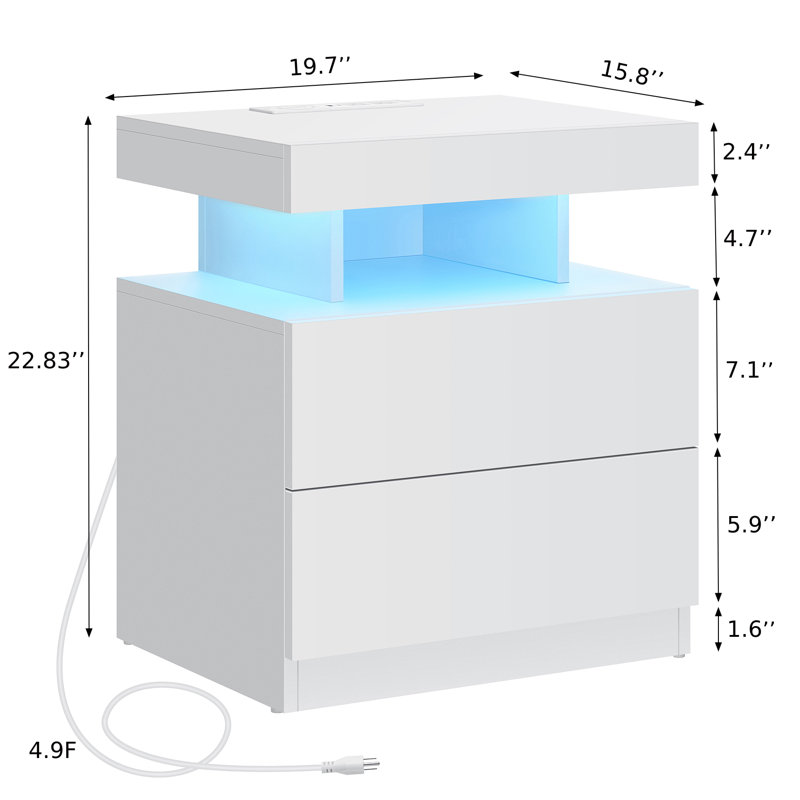 White High Gloss LED Nightstand with Wireless Charging and 2 Drawers