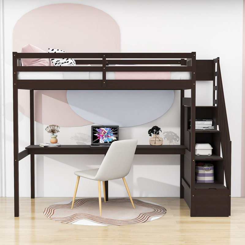 Twin Size Wooden Loft Bed With Built-In Desk And Storage, Espresso
