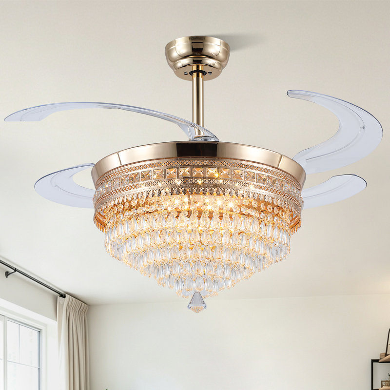 Ventilateur de plafond 48 "rétractable en cristal avec lumières DEL et télécommande, Gold/Gold