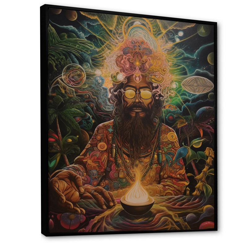Chaman contemporain Amazon Sagesse sur toile, Cadre flottant noir, 40" H x 30" W