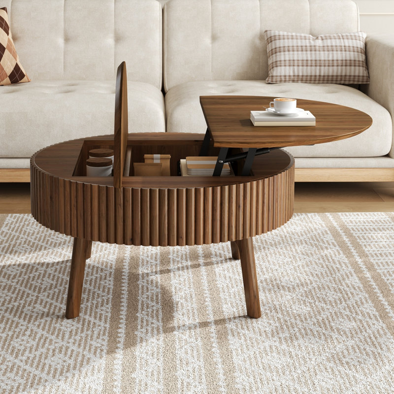 Table basse moderne à plateau relevable avec demi-plateau de rangement dissimulé en bois massif cannelé en noyer pour économiser de l'espace