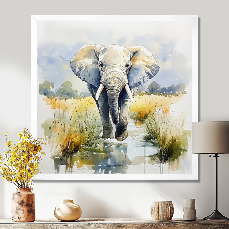 Éléphant géant doux en Afrique - Éléphant, impression d'art mural, Reproduction encadrée, 16" H x 16" W, White