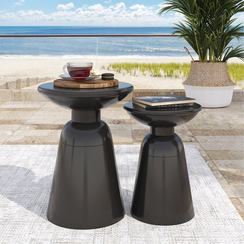 Serenita Outdoor Iron Side Tables With Flared Design, Set Of 2 , Black, Black