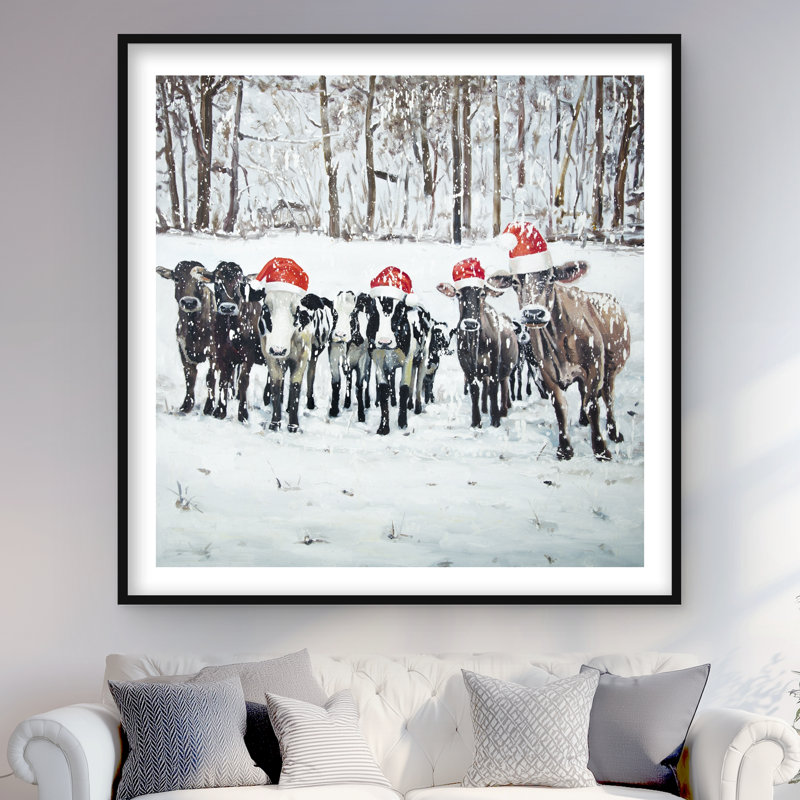 Curious Christmas Cows - reproduction encadrée avec passe-partout | Décoration intérieure, H 48 po x l 48 po, Noir