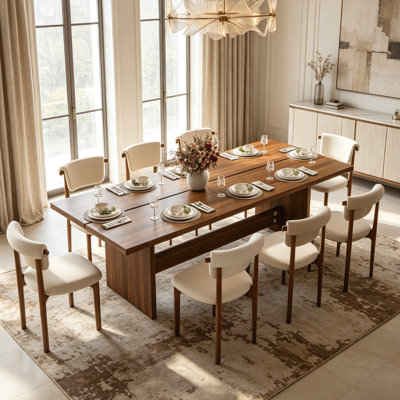 Drennen 87" Mid Century Wood Dining Table Set With 8 Fully Assembled Dining Chairs, Brown