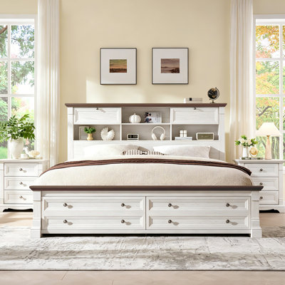 Farmhouse King Size Bed Frame, Storage Bed With Charging Station