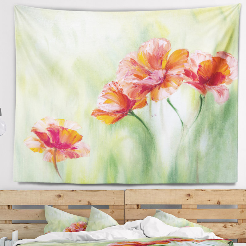 Coquelicots en tapisserie vert clair Floral, H 68 po x l 80 po