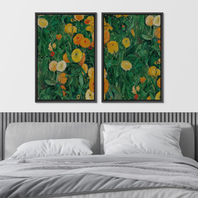 " Vibrant Garden Flowers Floral Impasto Bold Green And Yellow Blossoms Modern Art Wall Decor Artwork " 2 - Pieces