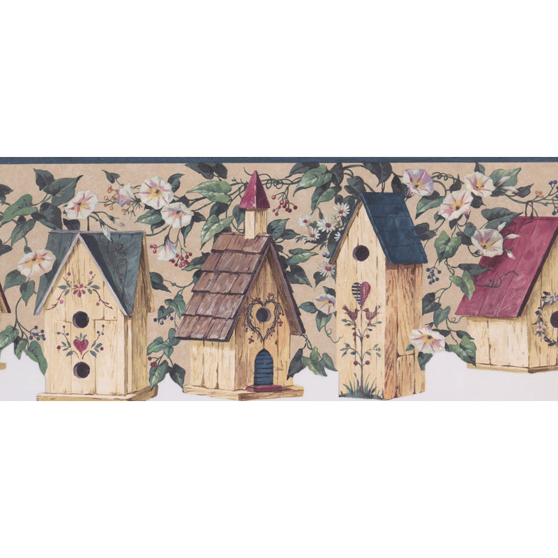 Bordure de papier peint à motif floral 15 pi x 8,6 po Sturbridge Birdhouse in Flowers on Vine