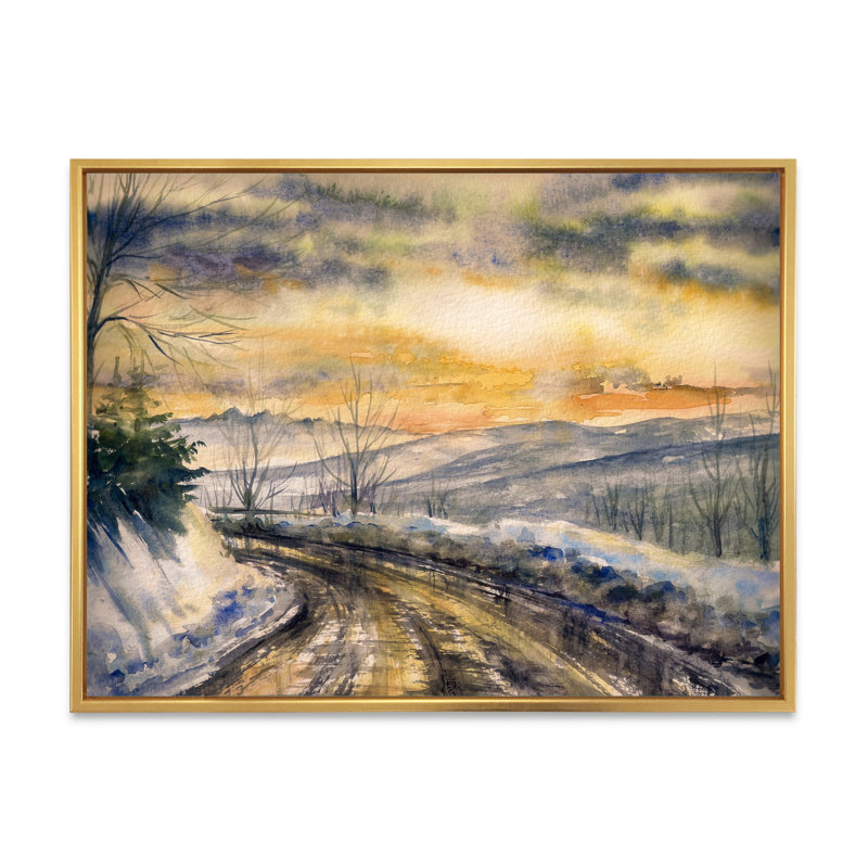 Paysage enneigé à travers la neige II - peinture sur toile, H 30 po x l 40 po x P 1,5 po, Cadre flottant doré