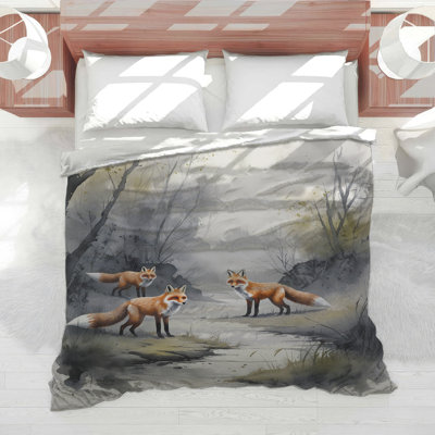Three Foxes In Forest Comforter