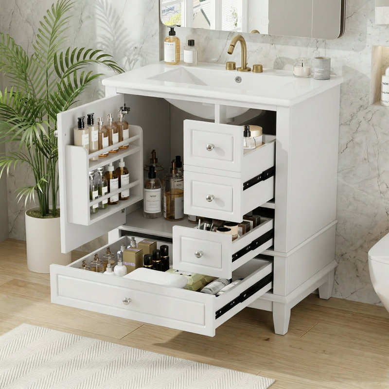 Meletios 30" Bathroom Vanity With Sink, One Door With Shelf And Three Drawers, Soft Close Door, White