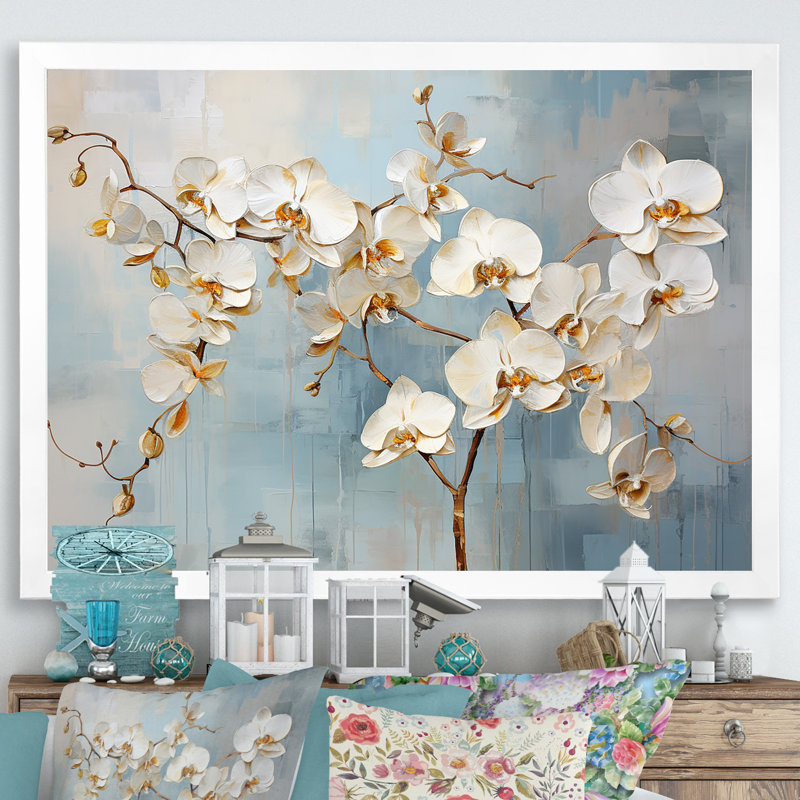 Orchidée beige et or I - impressions sur toile, Cadre photo blanc, H 34 po x l 44 po x P 1,5 po