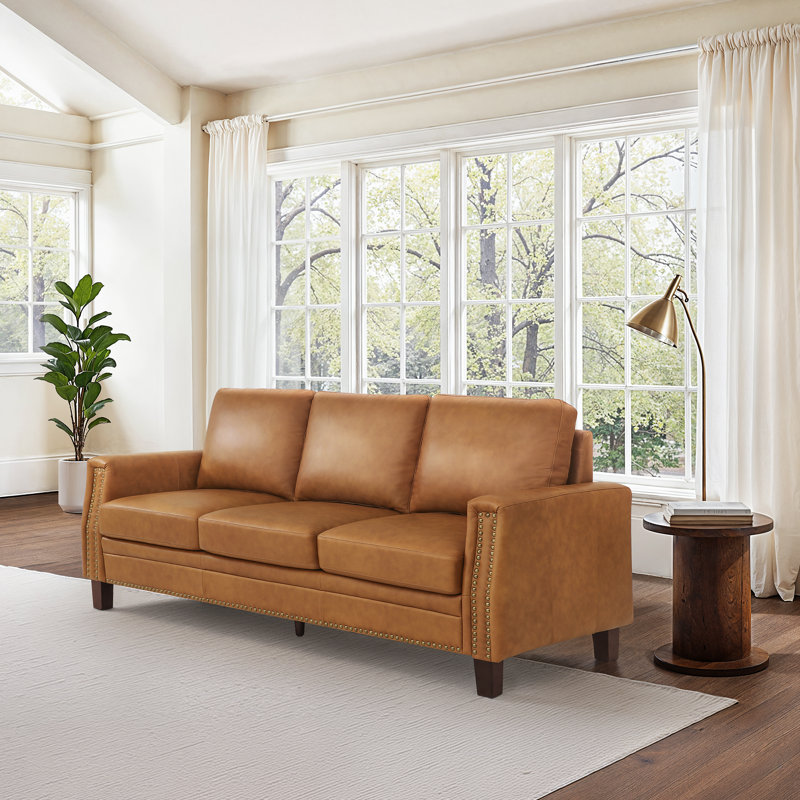 Sampson  83.9 " Genuine Leather Square Arm 3-Seat Sofa, Whiskey Brown
