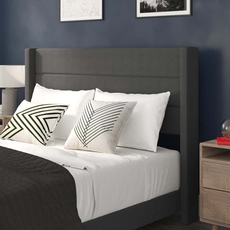Upholstered Platform Bed with Wingback Headboard, Mattress Foundation with Slatted Supports, Queen, Charcoal