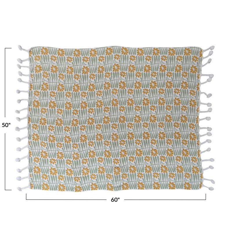 Sage and Mustard Floral Cotton Blend Throw with Pompom Tassels