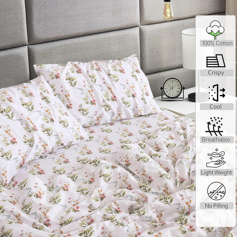 100% Cotton Sheets Sets Soft Crispy Percale Cooling Sheets 16 Inch Deep Pocket Bed Sheets, Floral Bliss