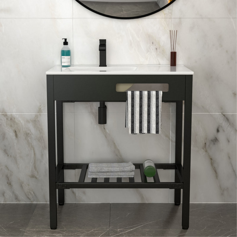 Bathroom Ceramic Console Sink with Overflow & Black Legs
