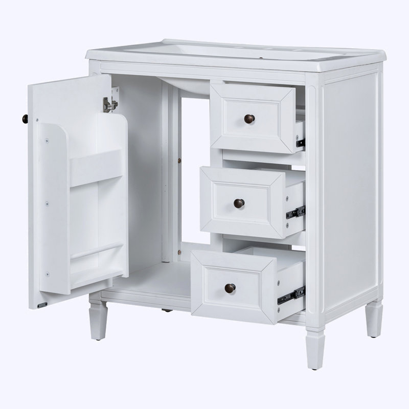 Meuble-lavabo de salle de bain avec lavabo en résine et trois tiroirs, Blanc