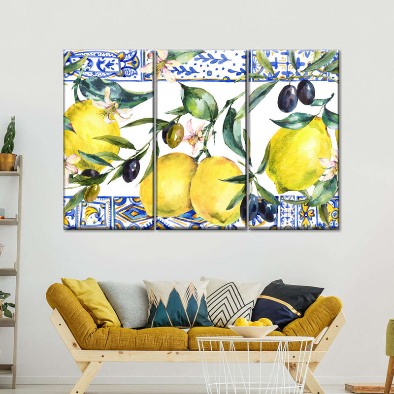 Ensemble de 3 citrons et olives sur toile, H 24 po x l 38 po x P 1,25 po