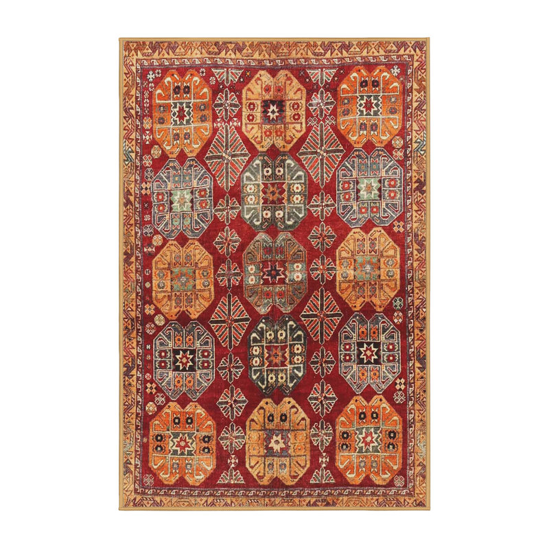 Tapis rouge/jaune traditionnel, Rectangle 5 pi x 7 pi