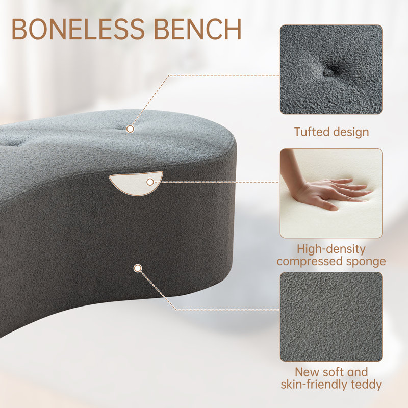 51''W Tufted Teddy Curved Bench For Bedroom or Dinning room Living room,Compression Bench, Dark Gray Teddy