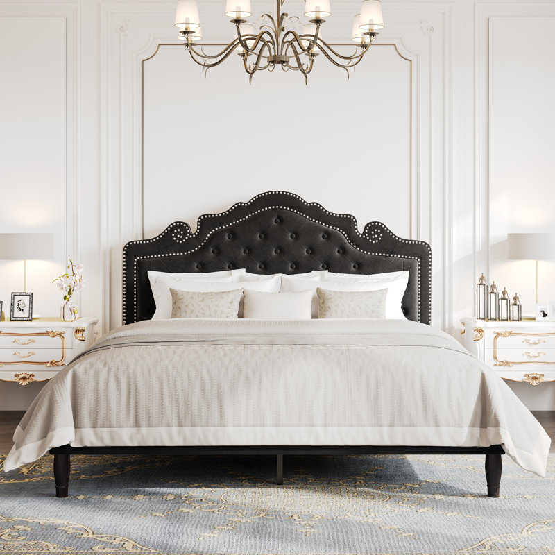 Antonious Velvet Tufted Crown-Shaped Headboard Platform Bed，3-Level Adjustable Height ,No Box Spring Needed,Underbed Storage,Queen Size,Black