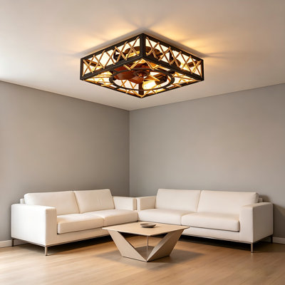 17.7''  Farmhouse Rustic Ceiling Fan With Remote Control,Square Caged Industrial Ceiling Fixture