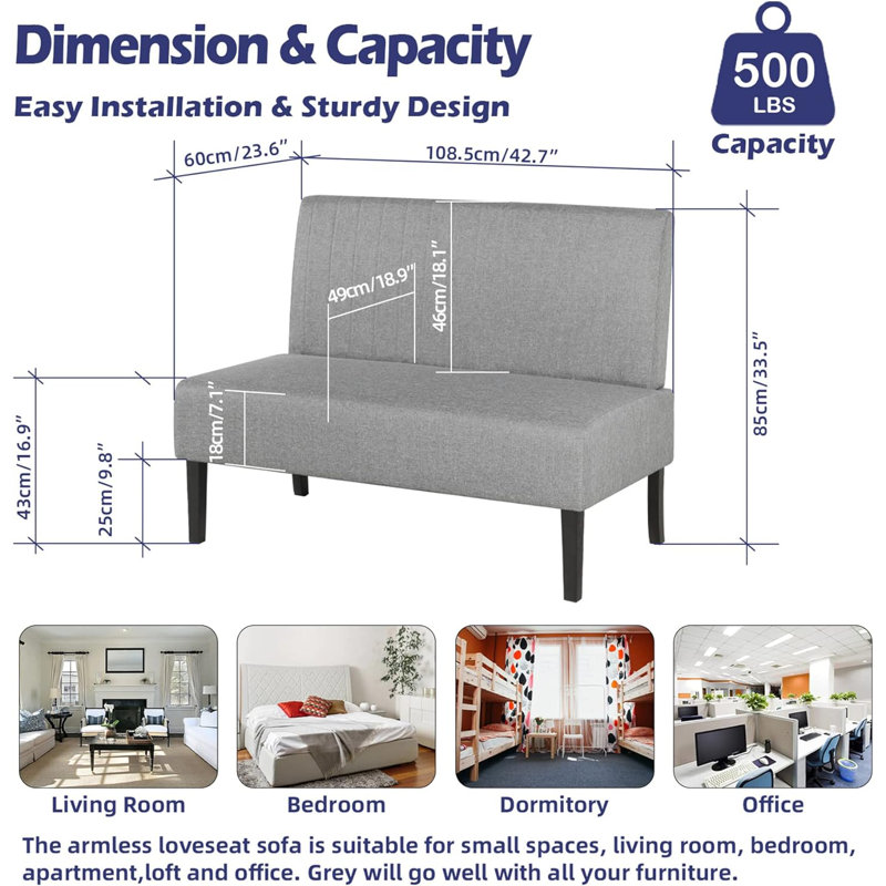 43”W Uphostered Bench, Loveseat Dining Banquette, Gray