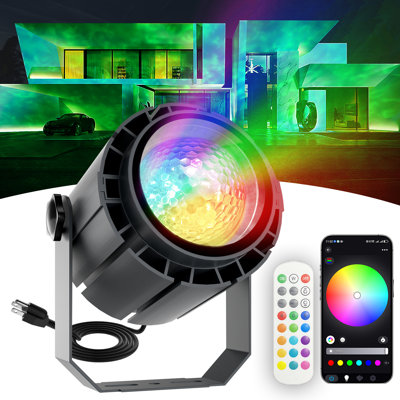 Water Wave Projector with APP & RF Control, IP65 Waterproof Smart Outdoor Lights, 1-100% Dimmable Color Changing, Music Sync & Flame Effect for Pool Party, Ocean Ripple Landscape Lighting