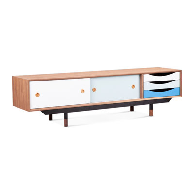 Meuble télé rétro bleu style 1955 avec placage en noyer naturel, pattes en acier inoxydable noir, pattes en bois massif et tiroirs laqués, idéal pour le salon.