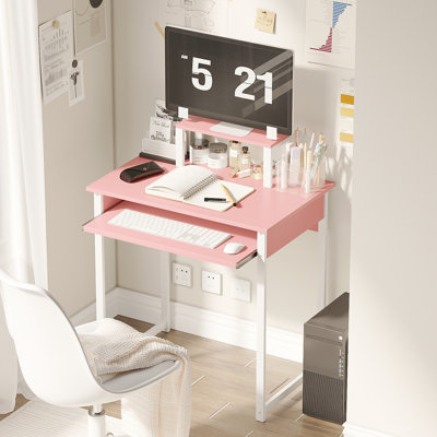 Modern Computer Desk with Monitor Stand & Keyboard Tray, Compact Workstation for Adults