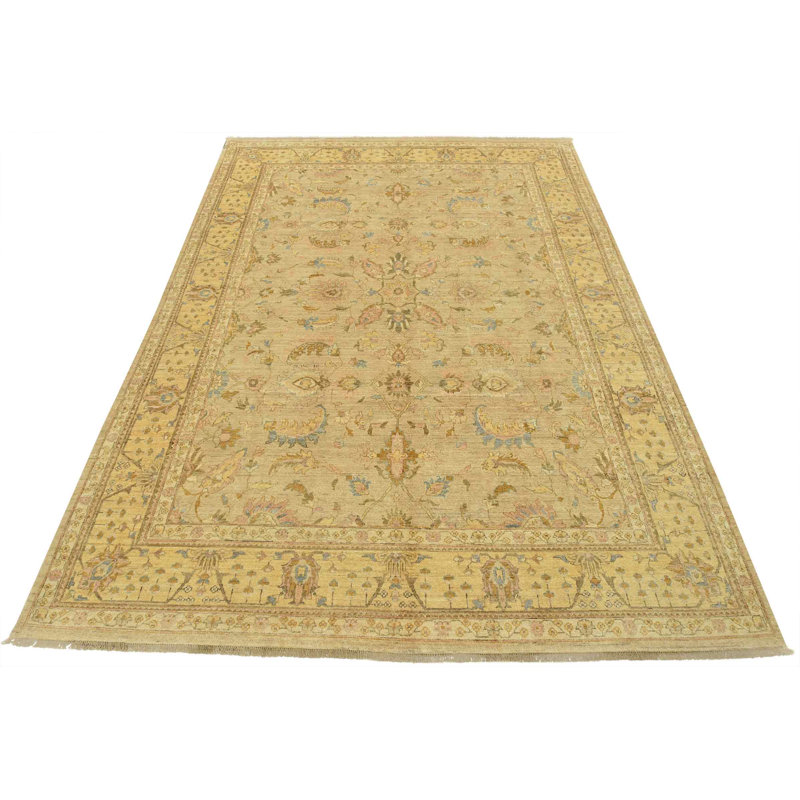 Tapis beige en laine noué à la main de conception unique 9 pi 1 po x 11 pi 11 po