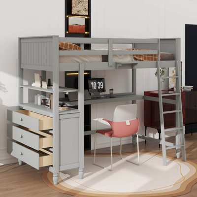 Lit mezzanine avec bureau, tiroirs et tablettes intégrés
