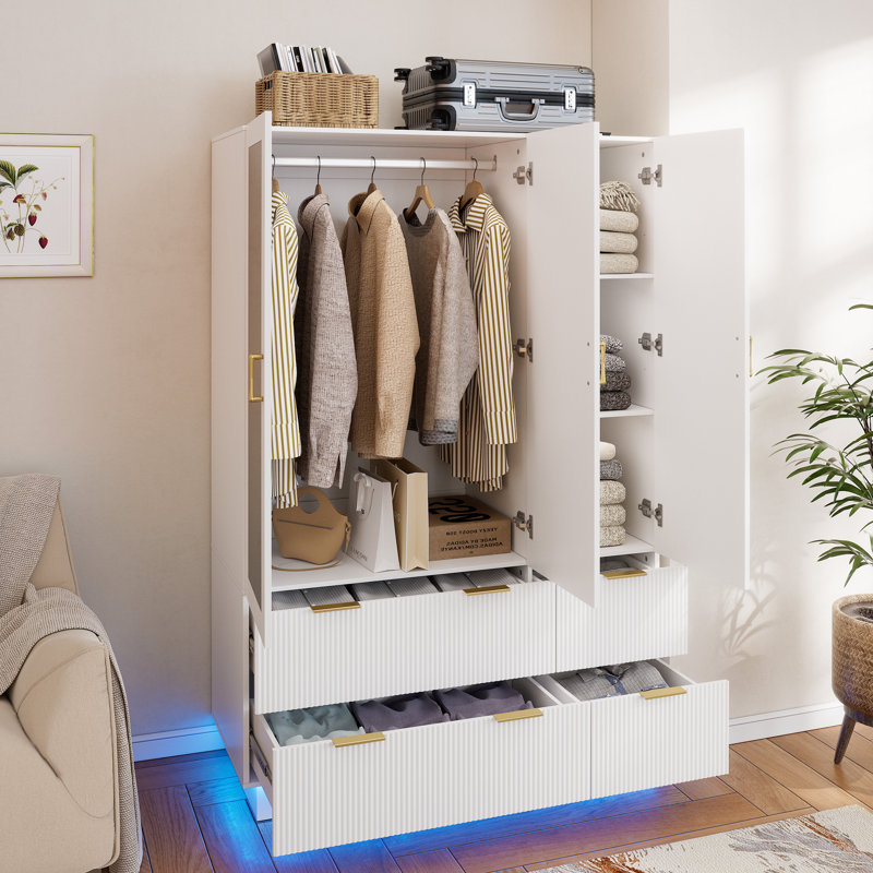 Armoire-penderie Armoire avec 3 portes, armoires de chambre à coucher avec miroir et lumières DEL