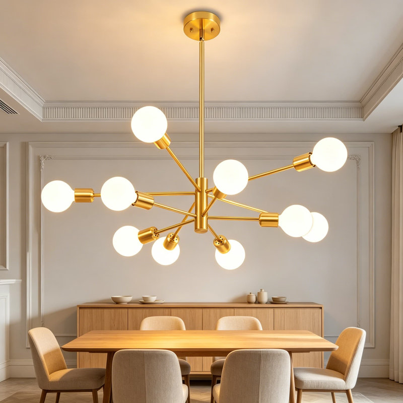 Lustre Mid-Century moderne Spoutnik, plafonnier doré à 10 lumières avec hauteur réglable, base E26 pour salon, salle à manger, îlot de cuisine, chambre à coucher, maison de campagne