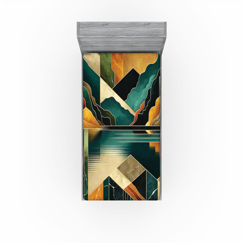 Drap-housse moderne Ambesonne Mid Century_ Lake Mountains_ Bleu sarcelle foncé gingembre, Drap-housse de taille simple