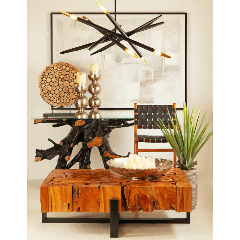 Rocton Black Teak Wood Live Edge Tree Stump Console Table with Clear Glass Top 49" x 16" x 32"