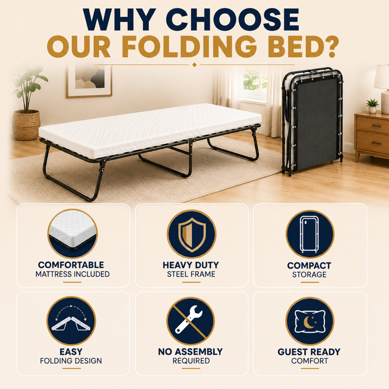 Lit d'appoint pliant de 35,5 cm de haut avec matelas en mousse à mémoire de forme de 7,5 cm – Cadre métallique robuste, accès facile pour les personnes âgées, rangement sous le lit, lit confortable pour les invités, 91,5 cm de large