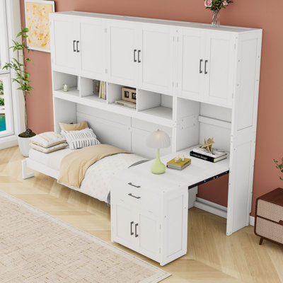 Twin Wooden Murphy Bed with Shelves and Wardrobe and Desk