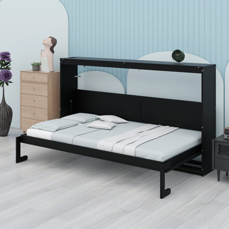 Lit pliant élégant avec panneau imprimé décoratif, éclairage décoratif à DEL et prise USB - Compact Living Essential, Noir