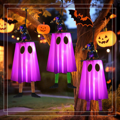 Fantômes suspendus d'Halloween illuminés (3 pièces, 2025 améliorées) - 20 lumières DEL à deux couleurs, 8 modes d'éclairage, minuterie 8H / 16H, décoration de porche intérieur / extérieur