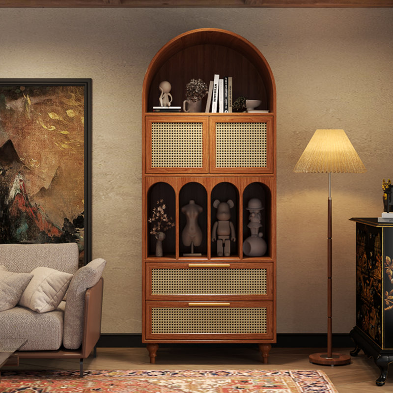 Cherry Wood Color + Beige Solid Wood + Rattan Display Cases, 78.74" H x 31.5" W x 15.75" D