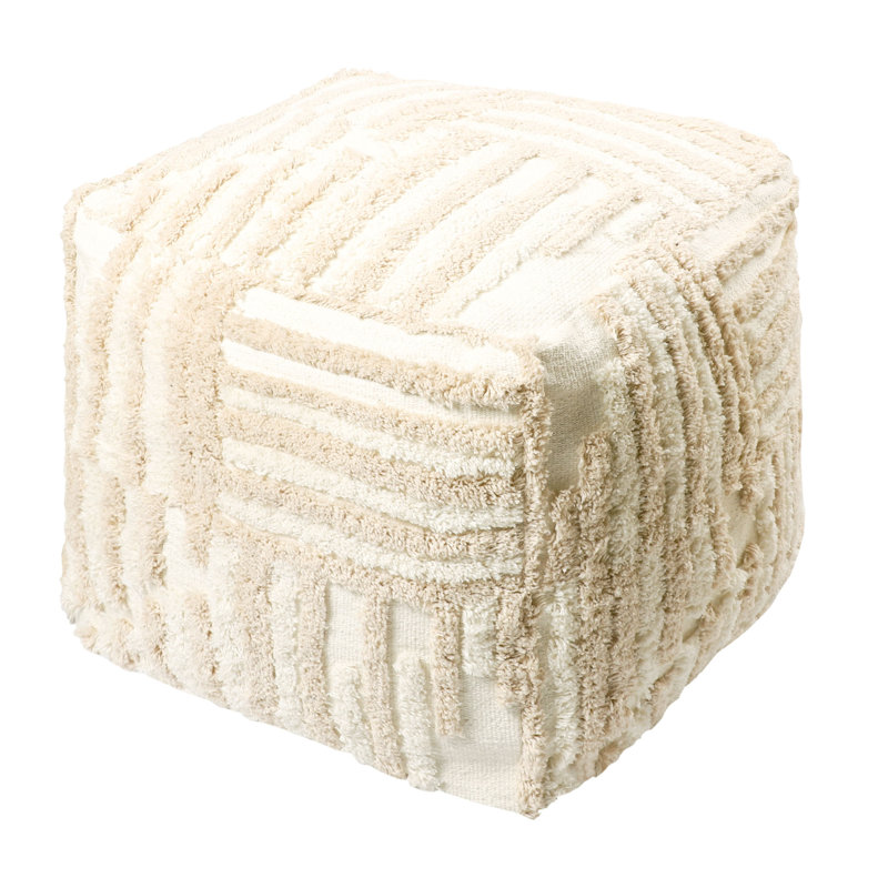Stacy Garcia Modern Striped Cube Upholstered Ottoman Pouf, Cream Beige/White